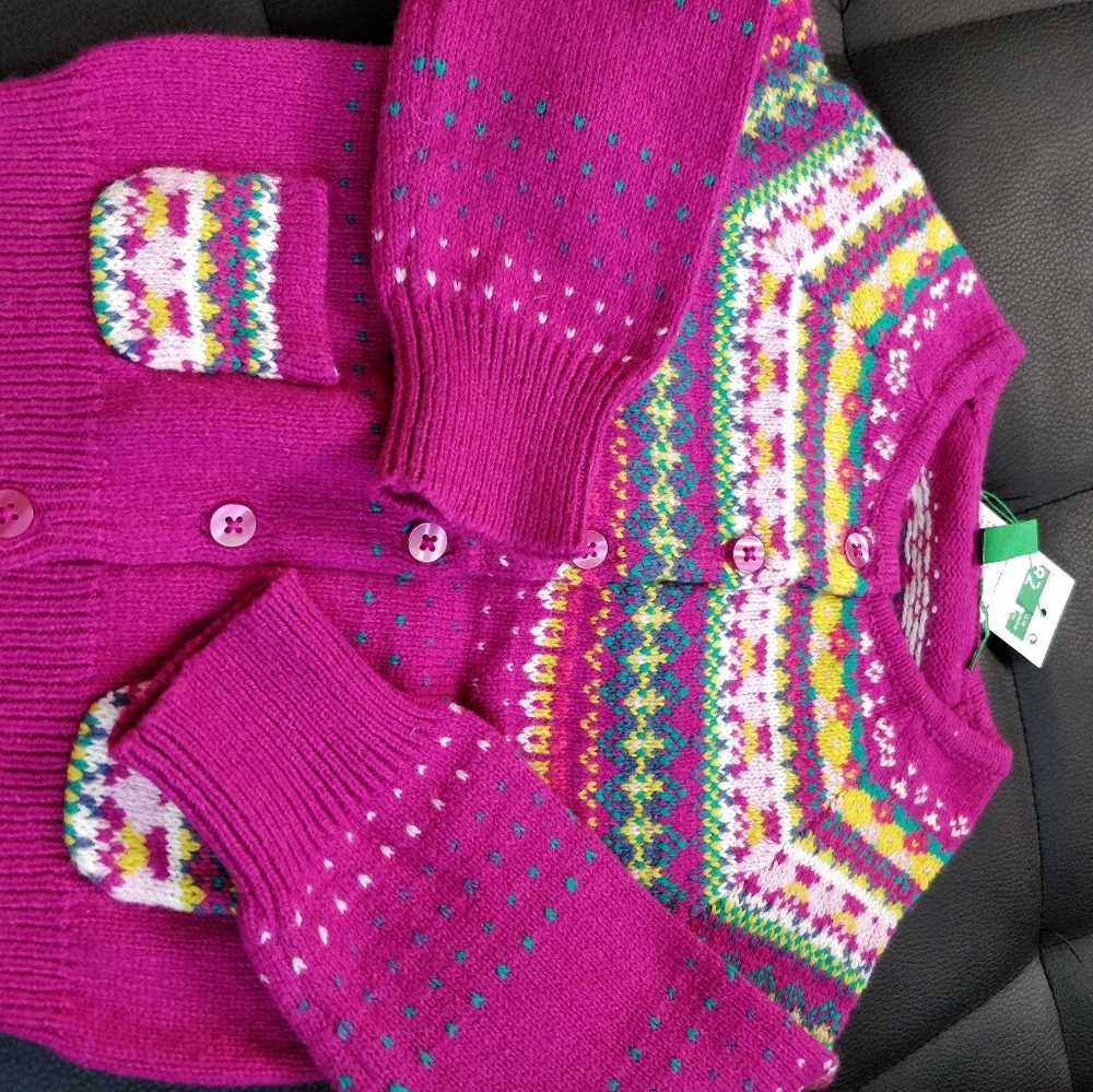 United Colors Of Benetton Fuchsia Fair Isle Kids Cardigan worn once